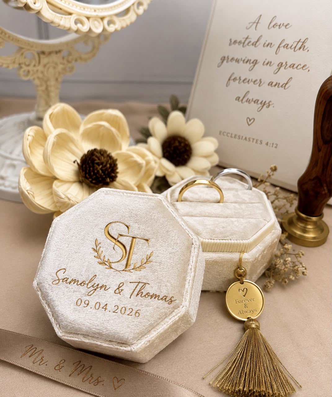 Samolyn and Thomas wedding rings and personalized ring box